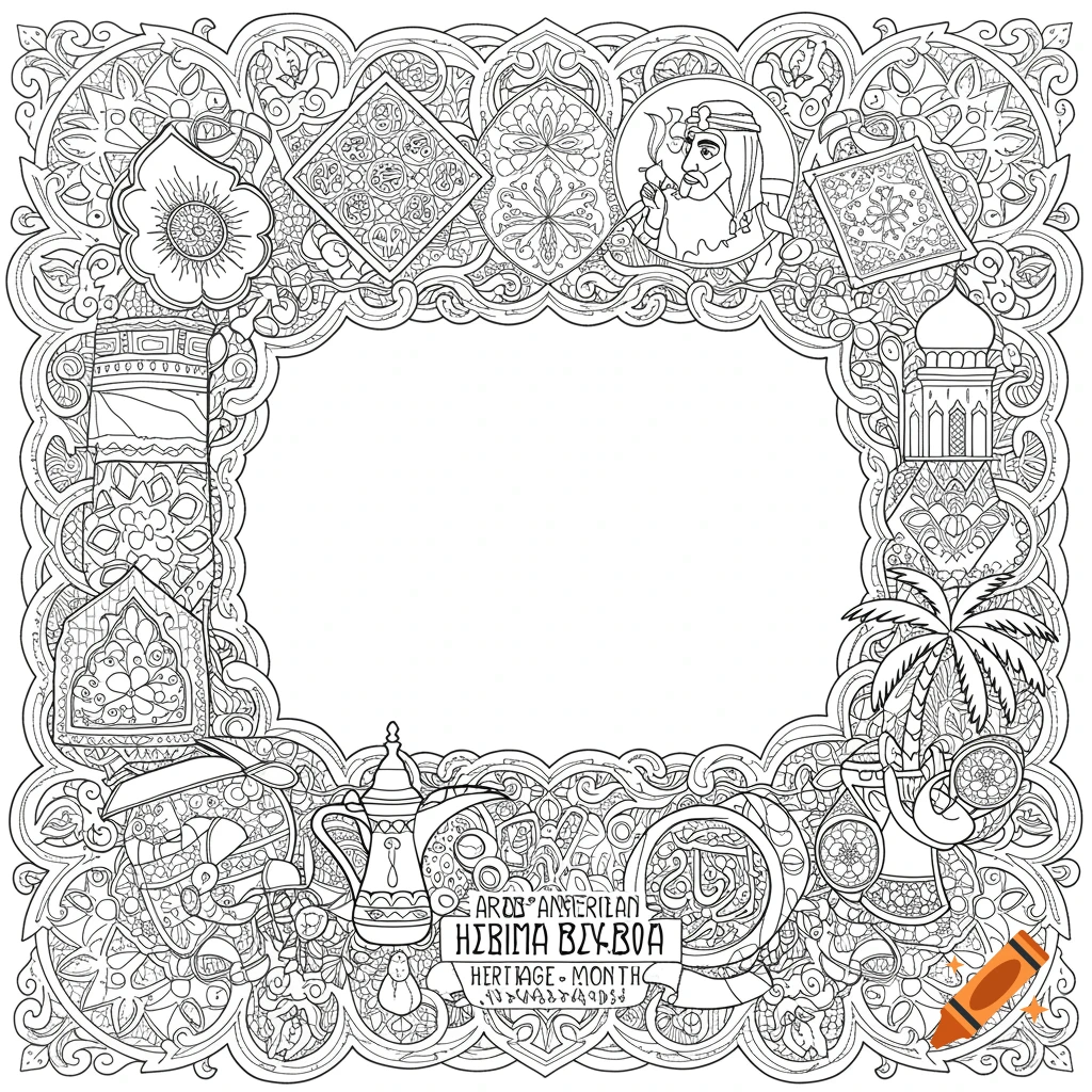Detailed line art frame for a coloring page featuring Arab American heritage symbols like a coffee pot, mosque, and patterned borders.
