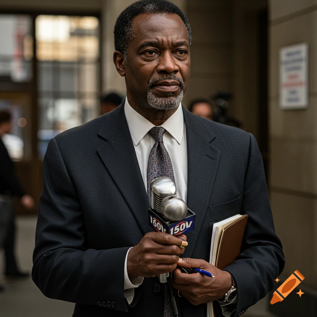 A black man dressed as a reporter holding a microphone and notebook