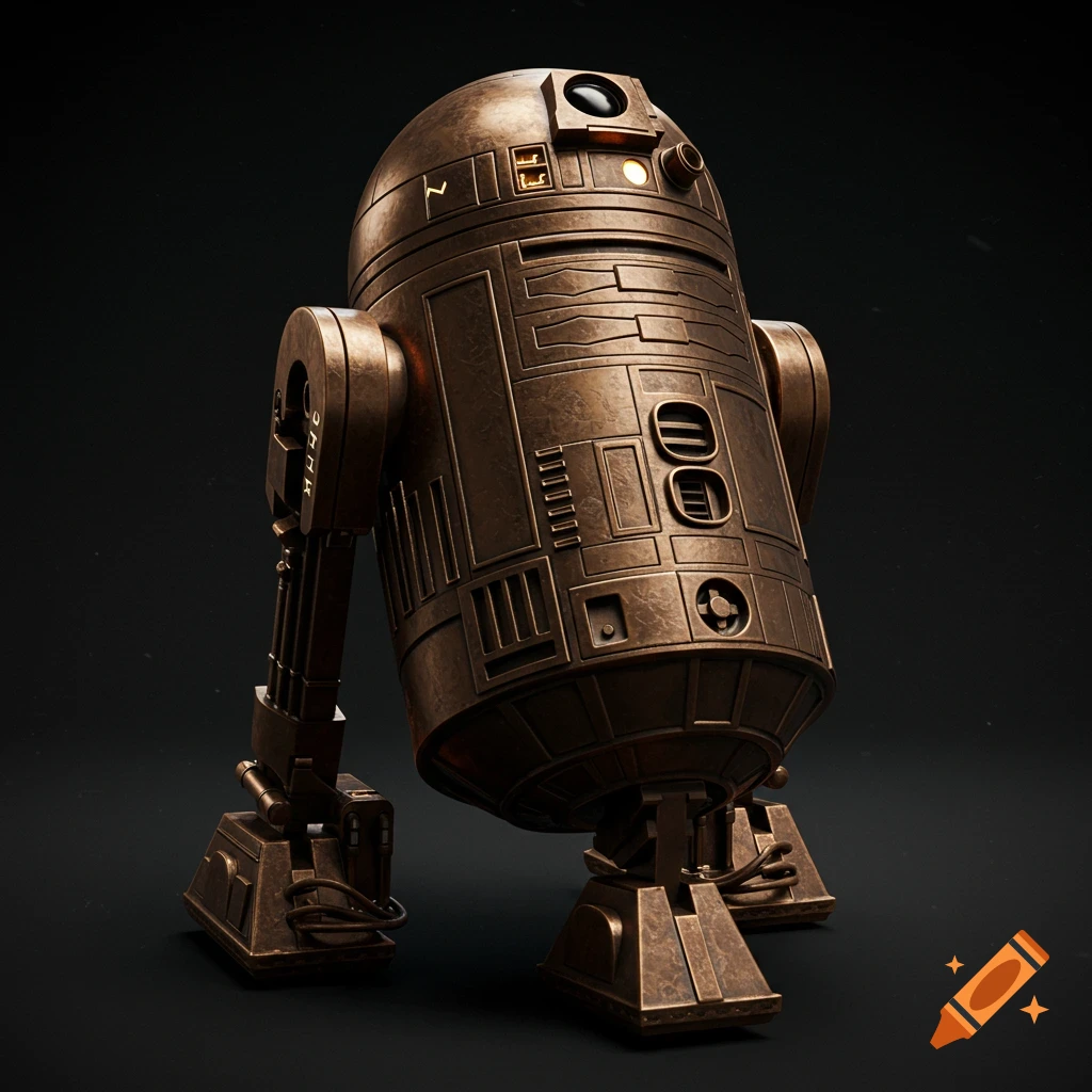 A bronze, ornate robot similar to R2-D2 stands on a dark background.