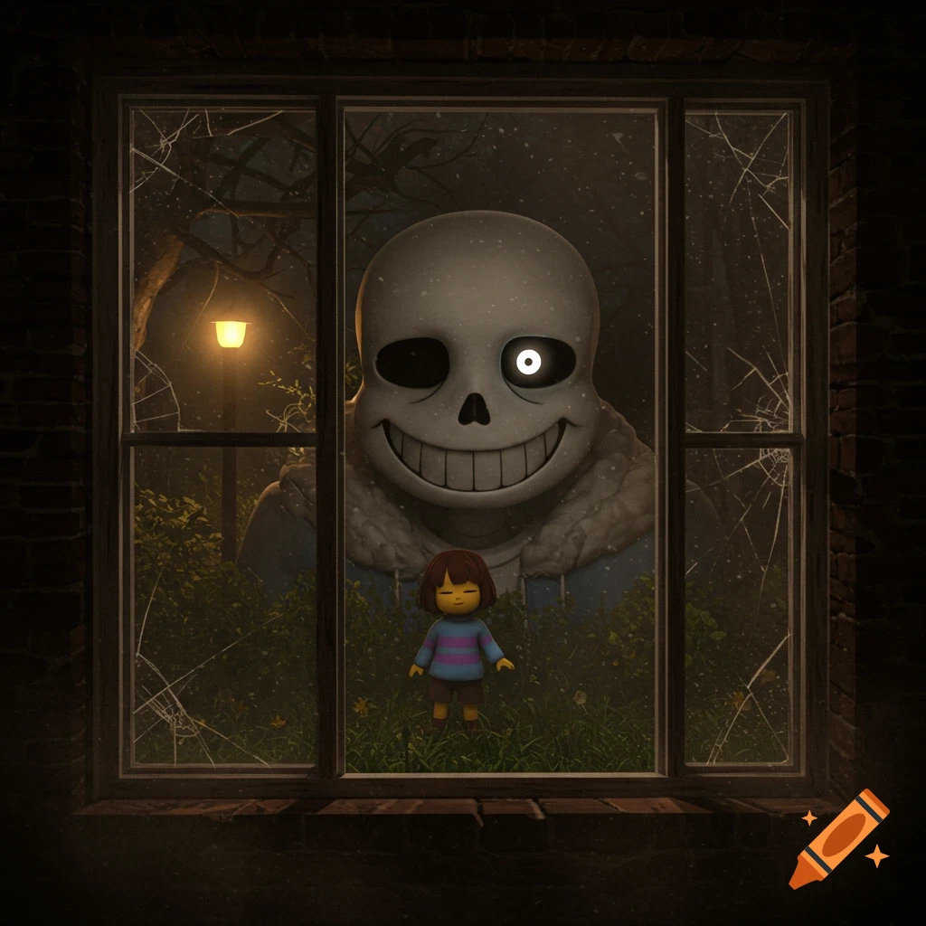 Giant skeleton character Sans looks through a broken window at Frisk outside in a creepy scene.