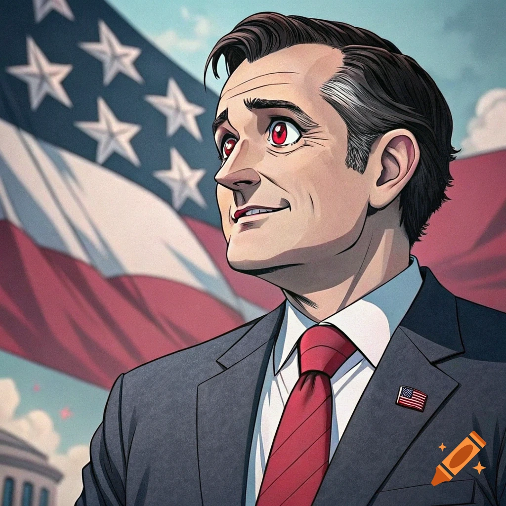 Anime illustration of a man with red eyes in a suit standing before an American flag.