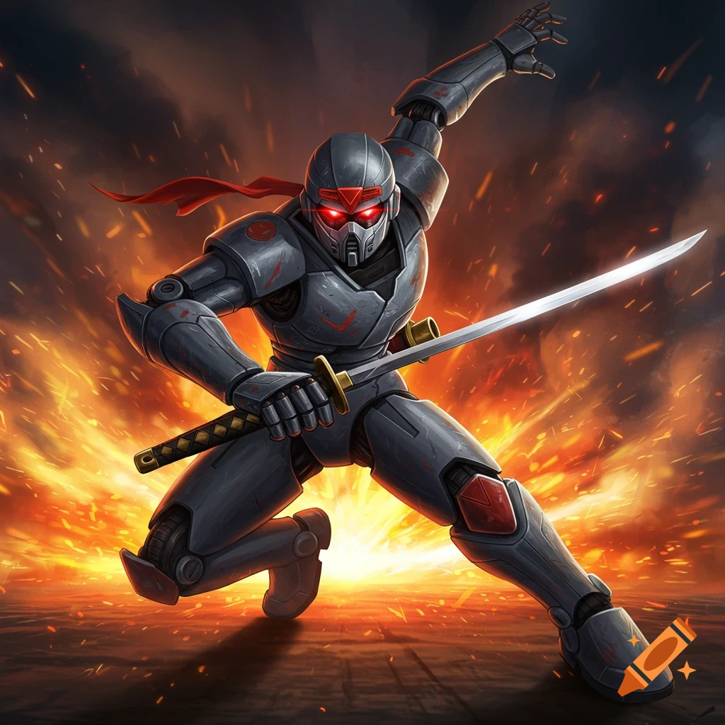 An anime-inspired robot ninja in a dynamic pose, holding a sword against a fiery background.