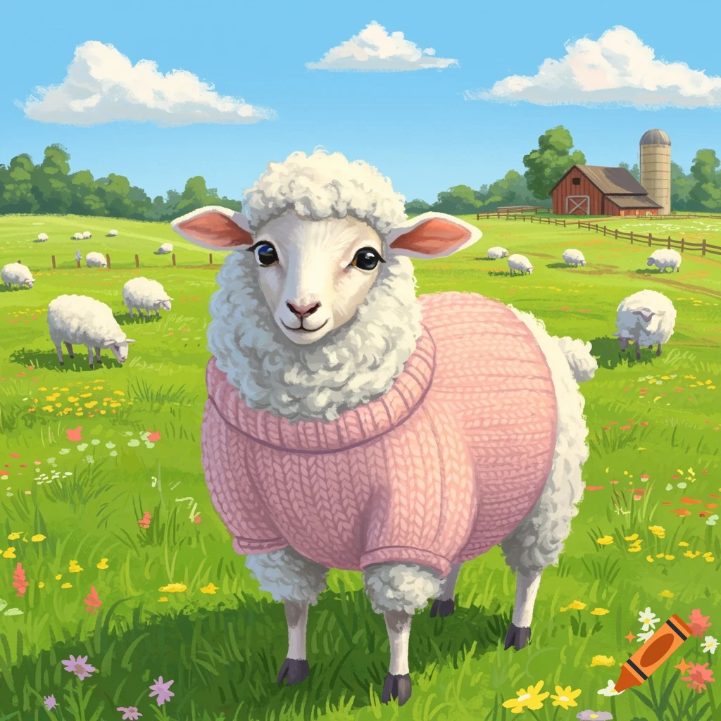 A sheep wearing a pink sweater is in a sunny farm pasture with other sheep.