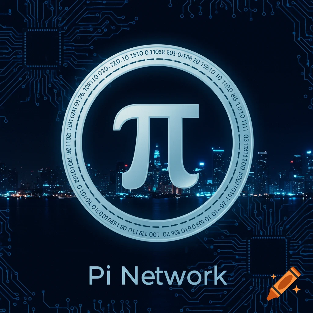Stylized Pi symbol over a city skyline with circuit board elements and 'Pi Network' text.