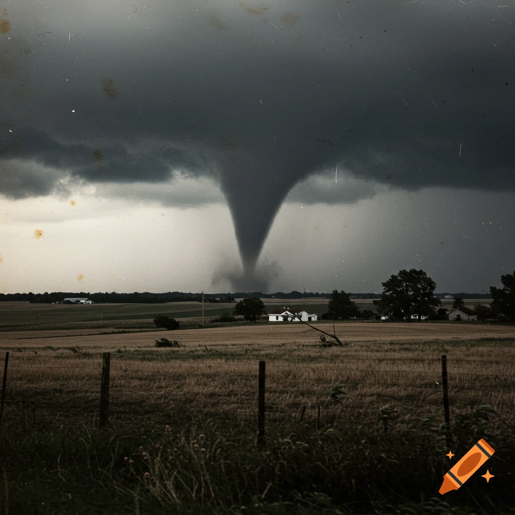 A large tornado funnel descends from dark clouds over a field with houses in the distance, in the style of an old photograph.