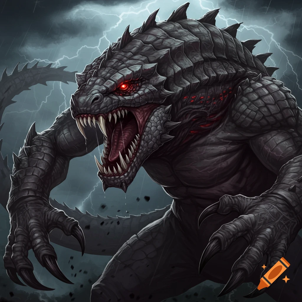 A dark fantasy illustration of a roaring monster with scales, spikes, and red eyes during a thunderstorm.
