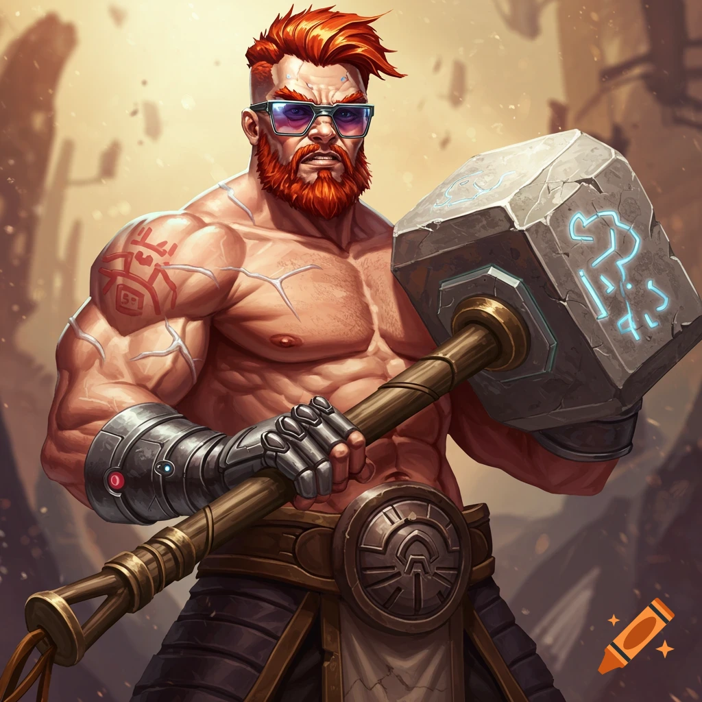 A muscular man with red hair, wearing sunglasses and a metal arm, holds a glowing stone hammer.