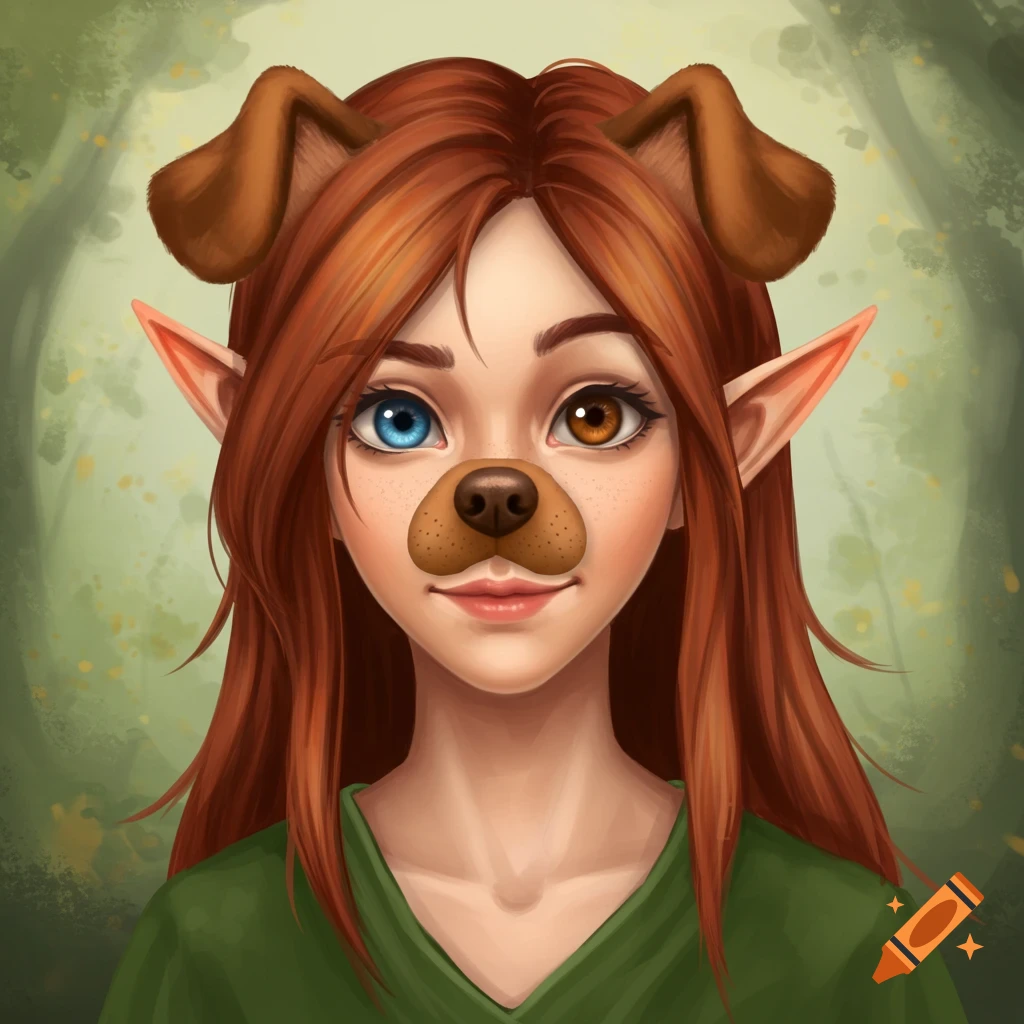 Portrait of an elf with pointed ears, long red hair, one blue eye, one brown eye, and brown puppy ears and nose overlay.