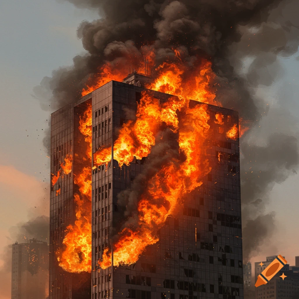 A modern skyscraper engulfed in flames and thick smoke