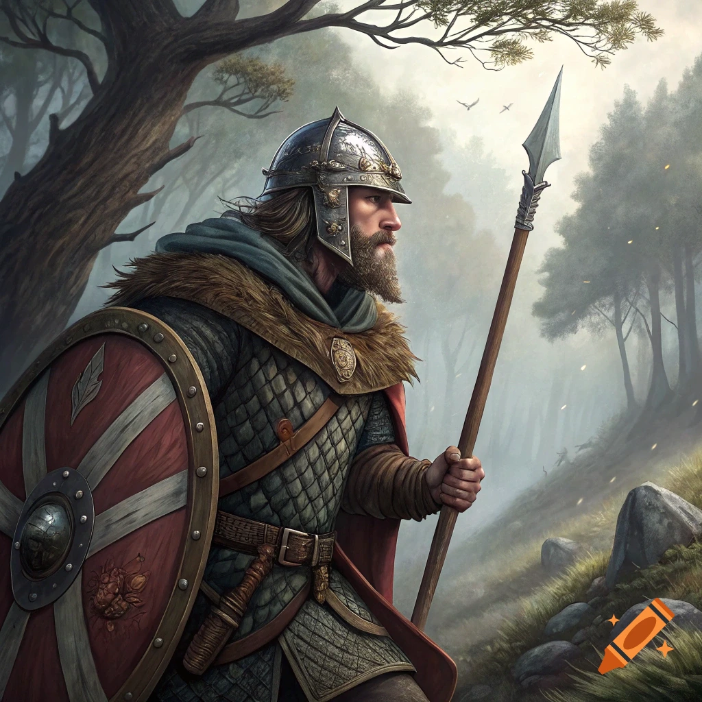 Warrior in armor holding a spear and shield in a misty forest.