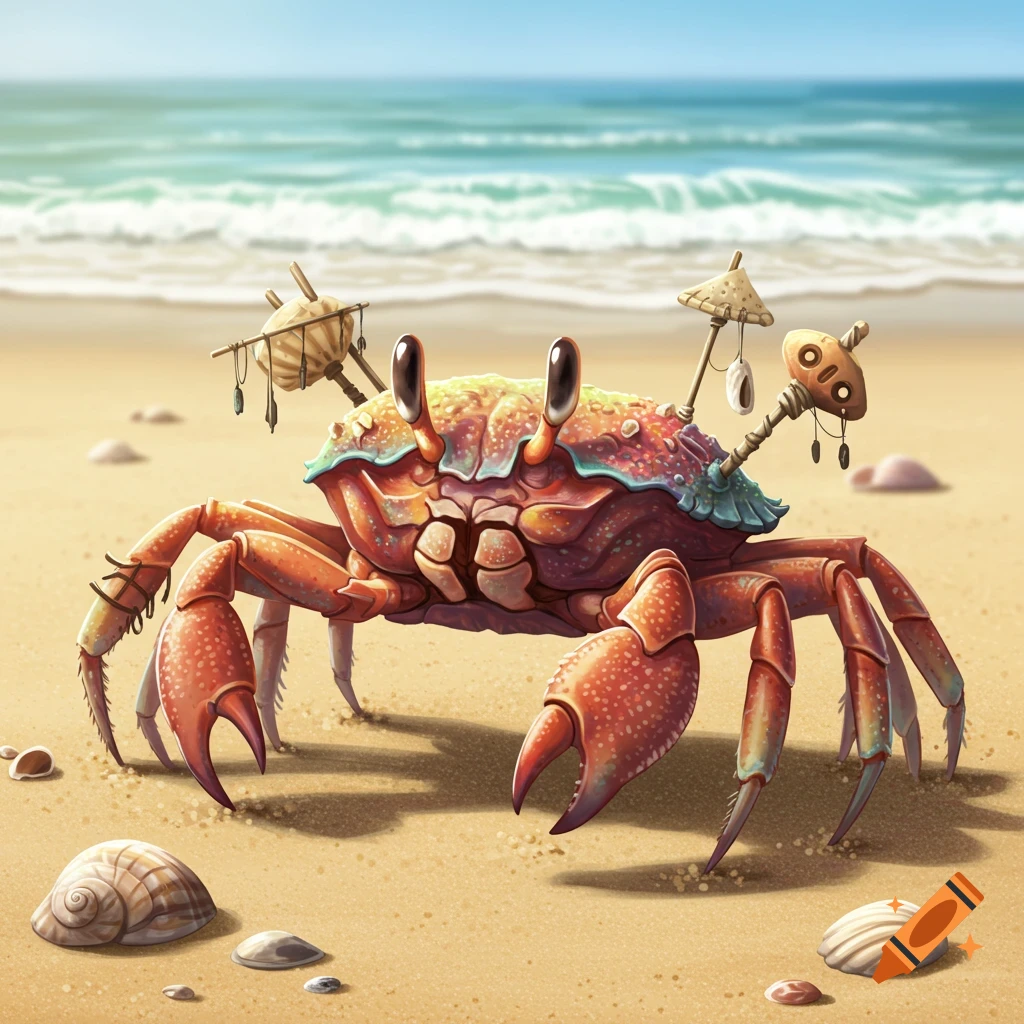 A cartoonish hobo crab on a beach.