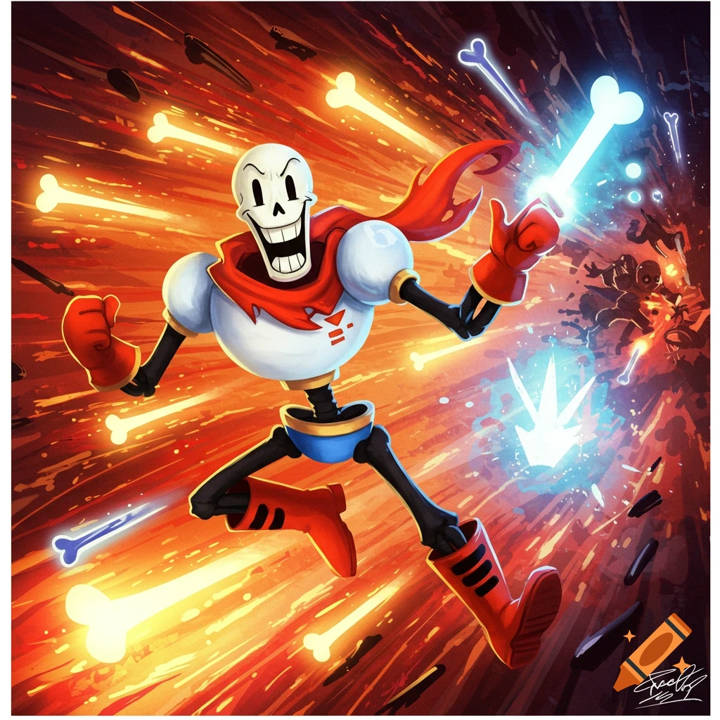 Papyrus, a skeleton from Undertale, jumps amidst glowing bones and energy in a dynamic image.