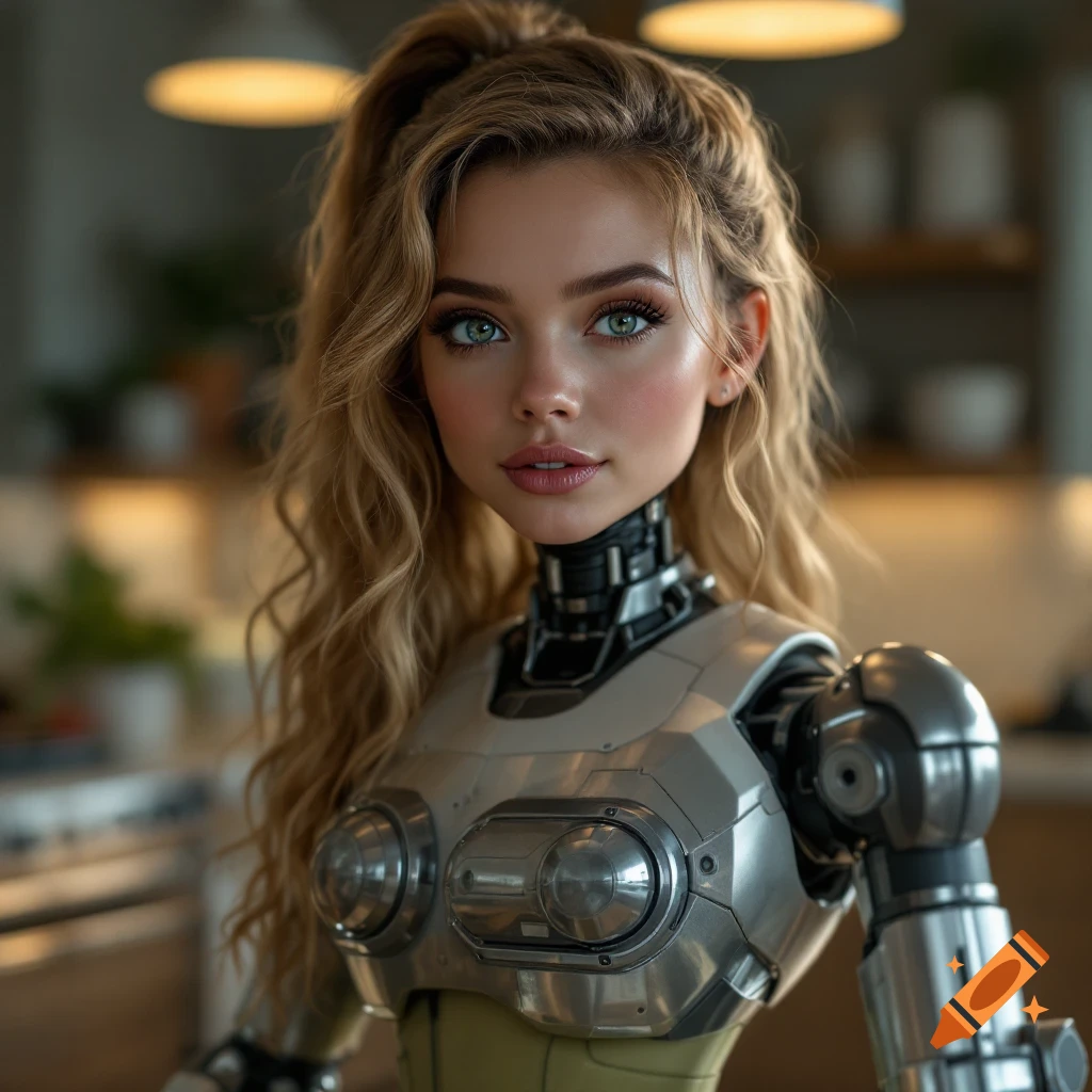 Close-up photorealistic portrait of a woman with a robotic body and blonde hair.