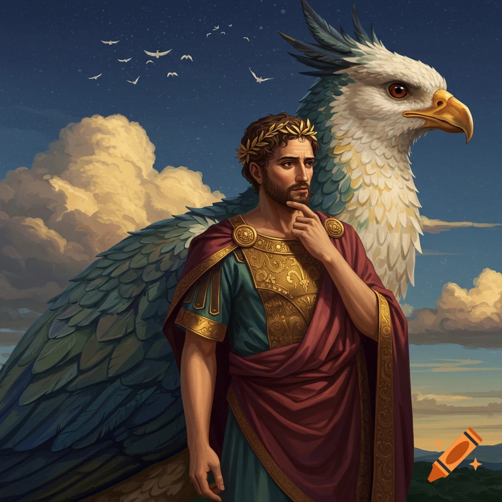 A man in classical attire stands next to a griffin under a cloudy sky.