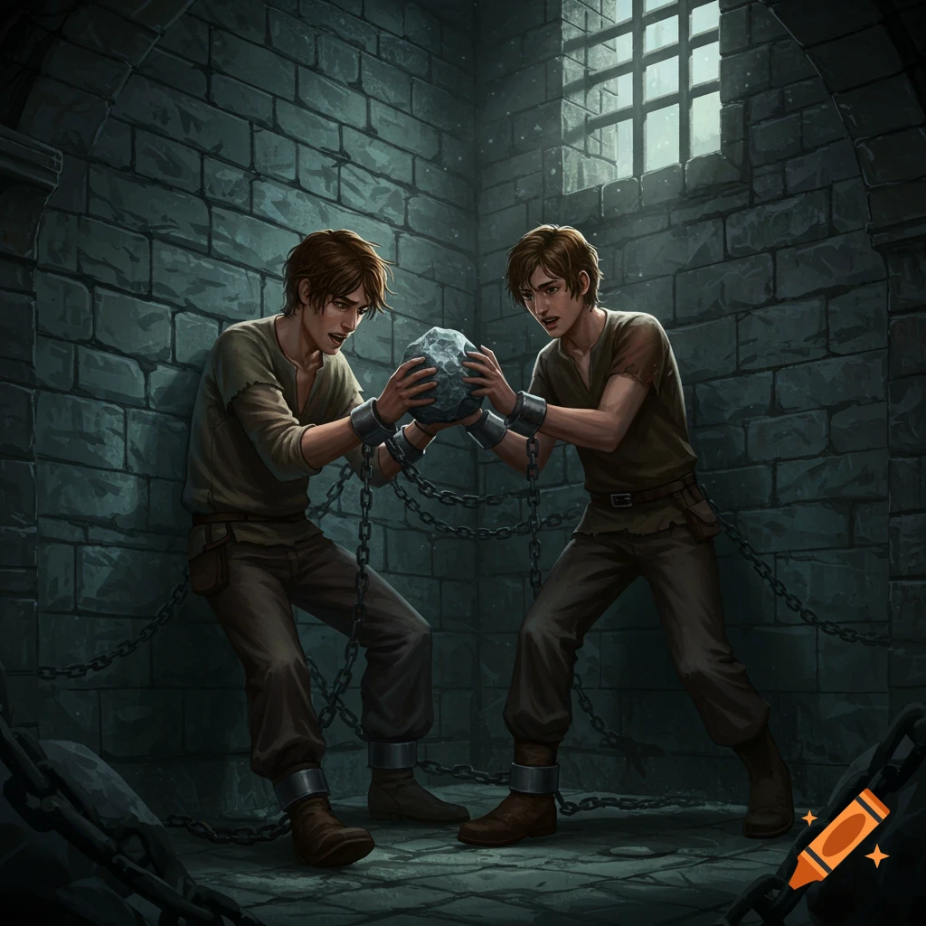 Two men are chained in a dungeon and holding a rock.