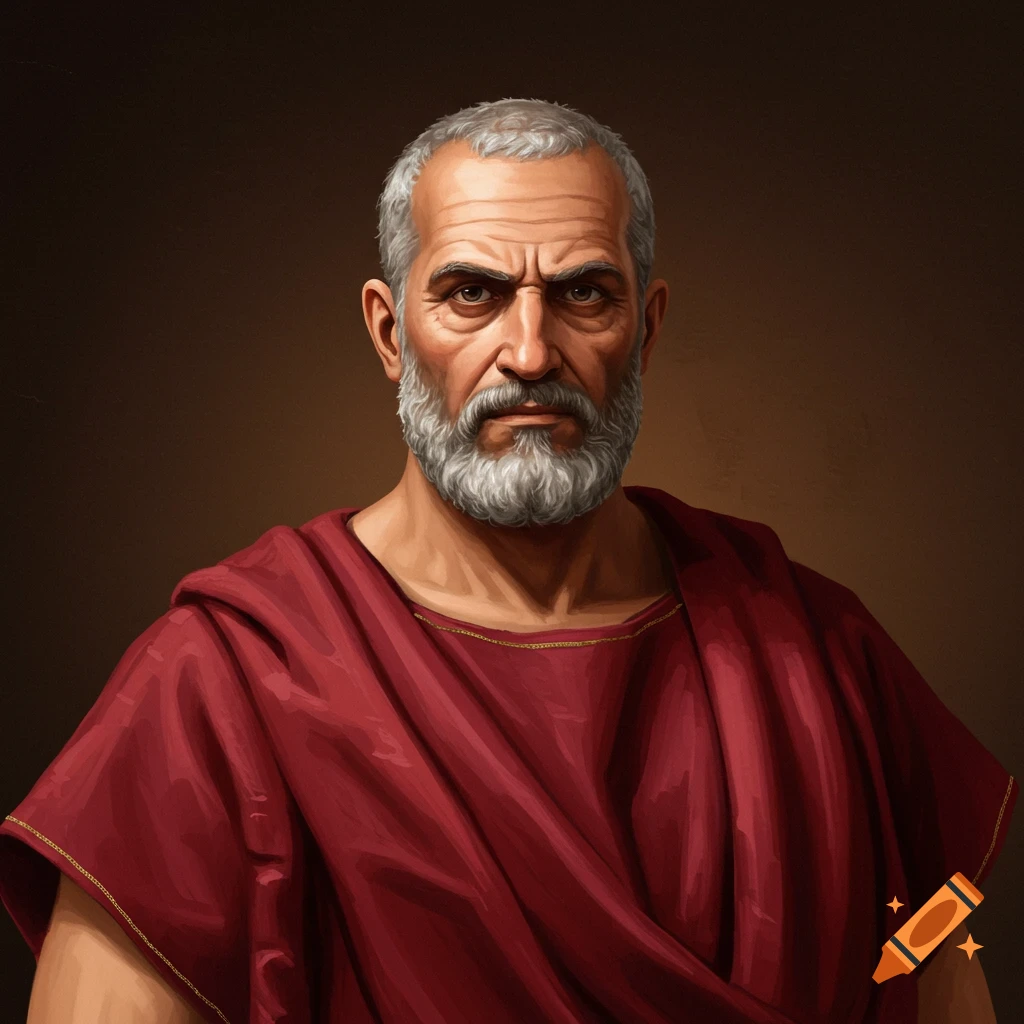 An older man with gray hair and beard in a red robe.