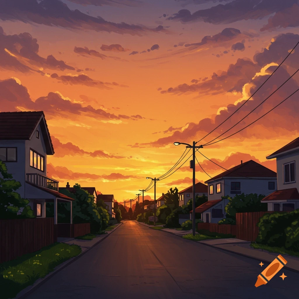 A suburban street at sunset with houses on either side
