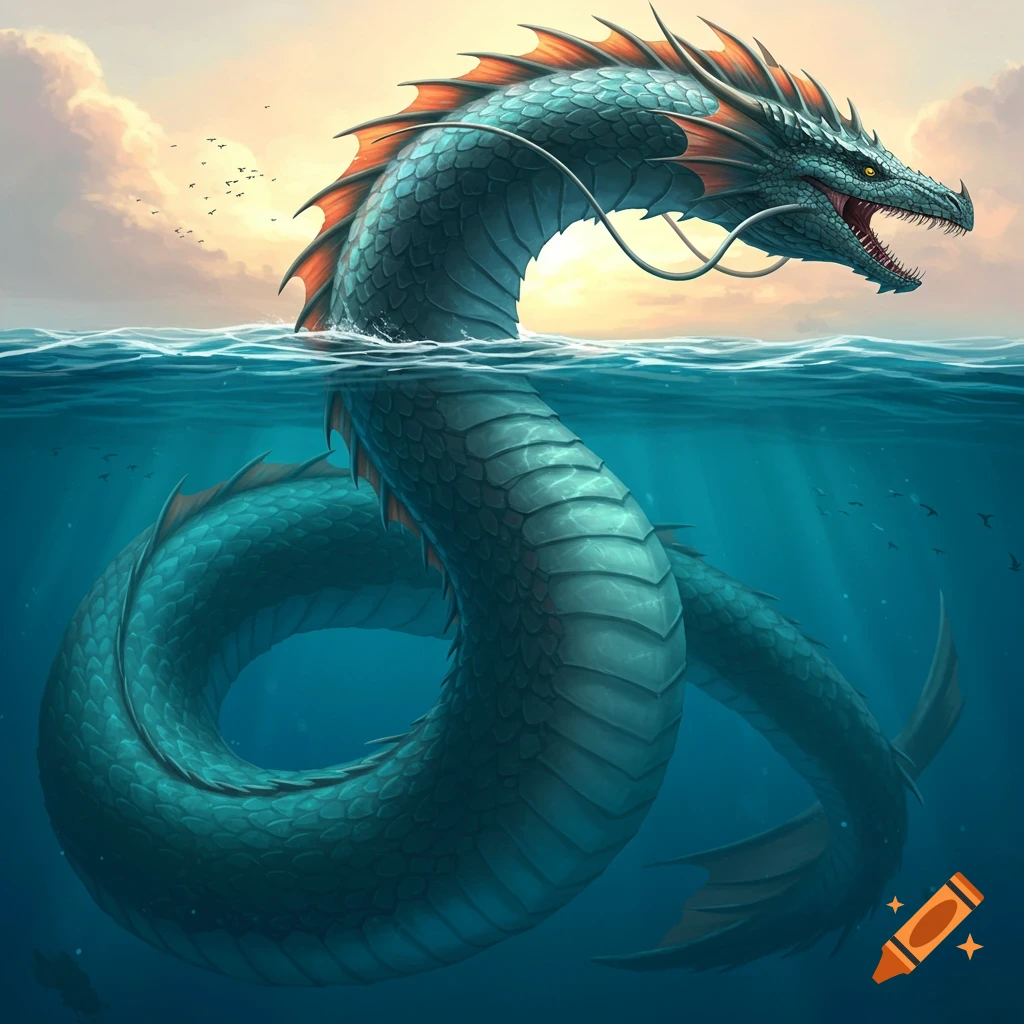 A large sea dragon emerging from the water at sunset.