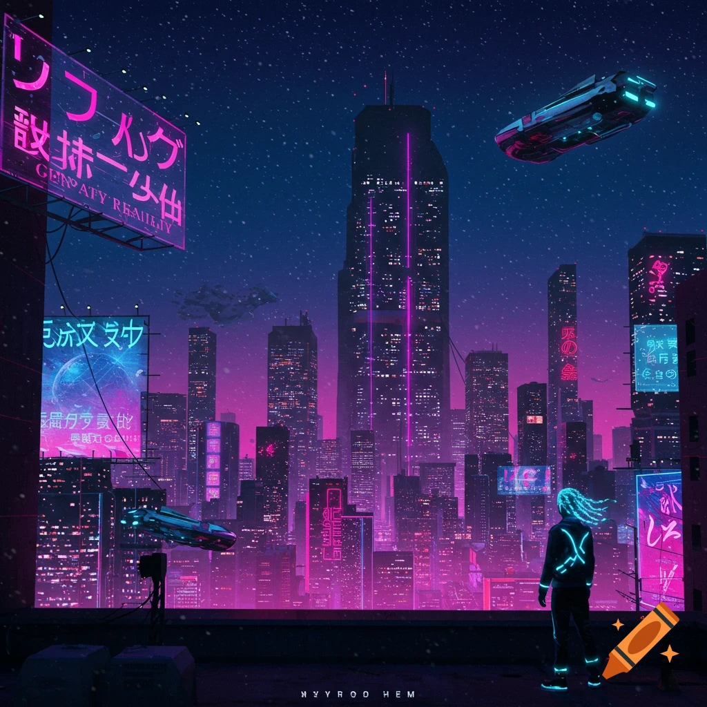 A cyberpunk city at night with neon lights, flying vehicles, and a person on a rooftop.