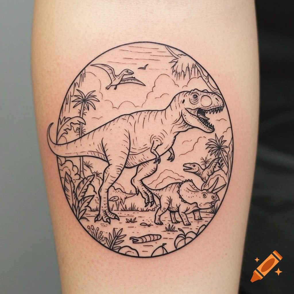 Line art illustration of dinosaurs (T-Rex, Triceratops, pterodactyls) in a prehistoric scene within a circle.