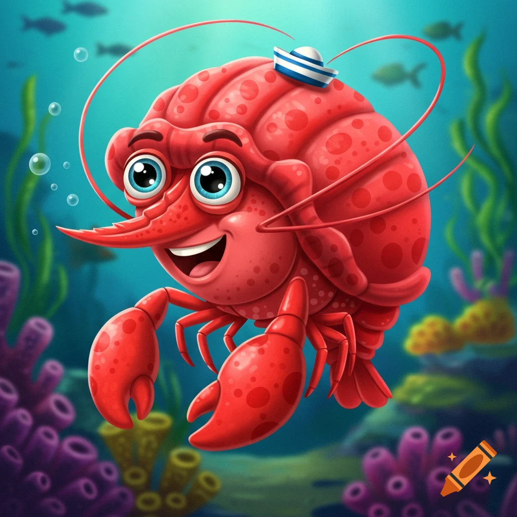Cartoon lobster character with sailor hat swimming underwater