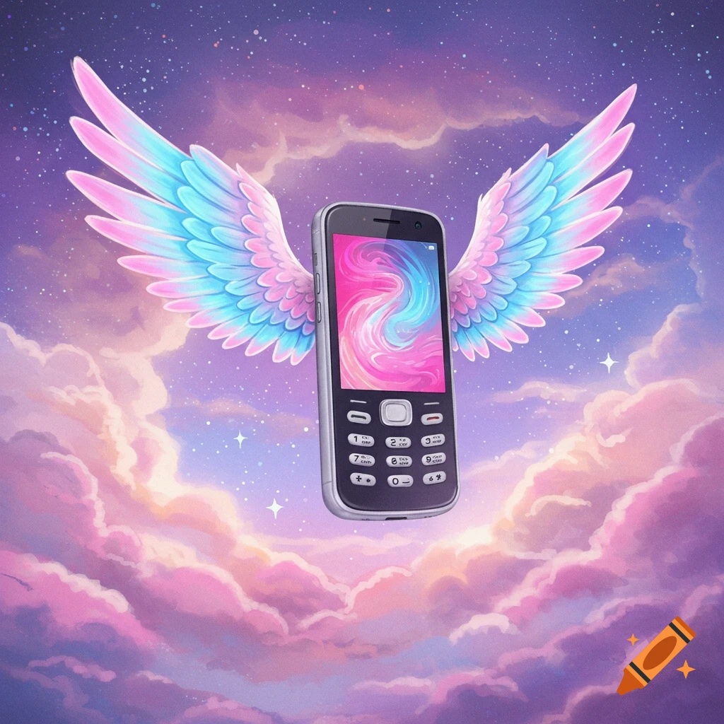 A cell phone with colorful wings flying through a starry, pink and purple cloudy sky.