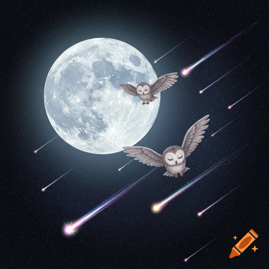 Two sleepy owls fly past the moon with colorful shooting stars in space.