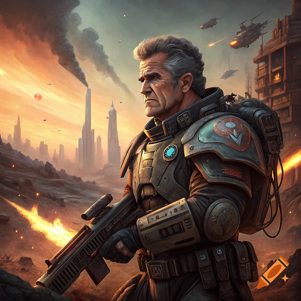 A man resembling Mel Gibson in futuristic armor holds a rifle in a sci-fi landscape with buildings and aircraft.