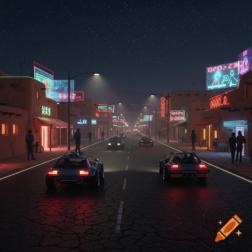 A retro-futuristic city street at night with neon signs, cars, and pedestrians.