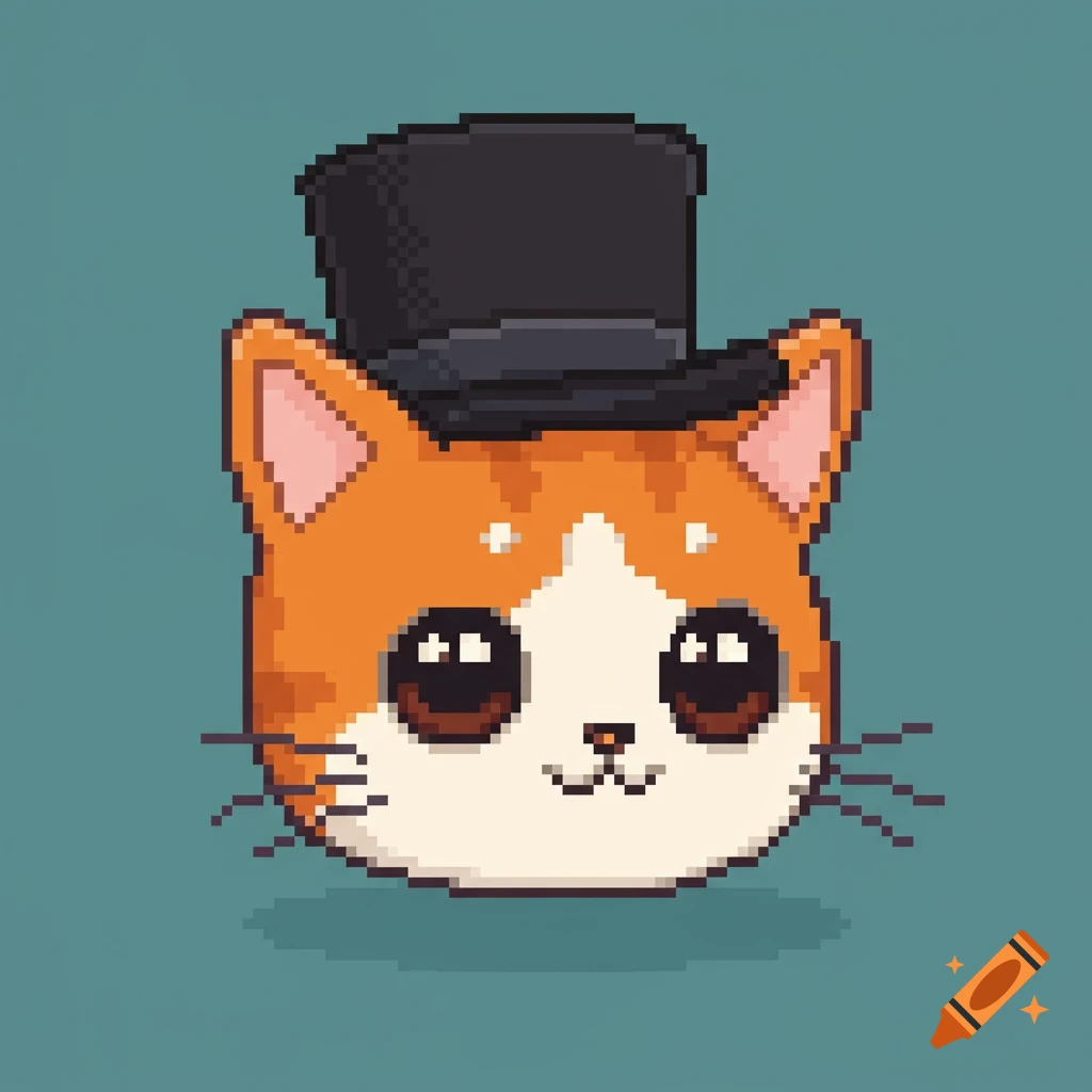 Pixel art illustration of a cat wearing a top hat.