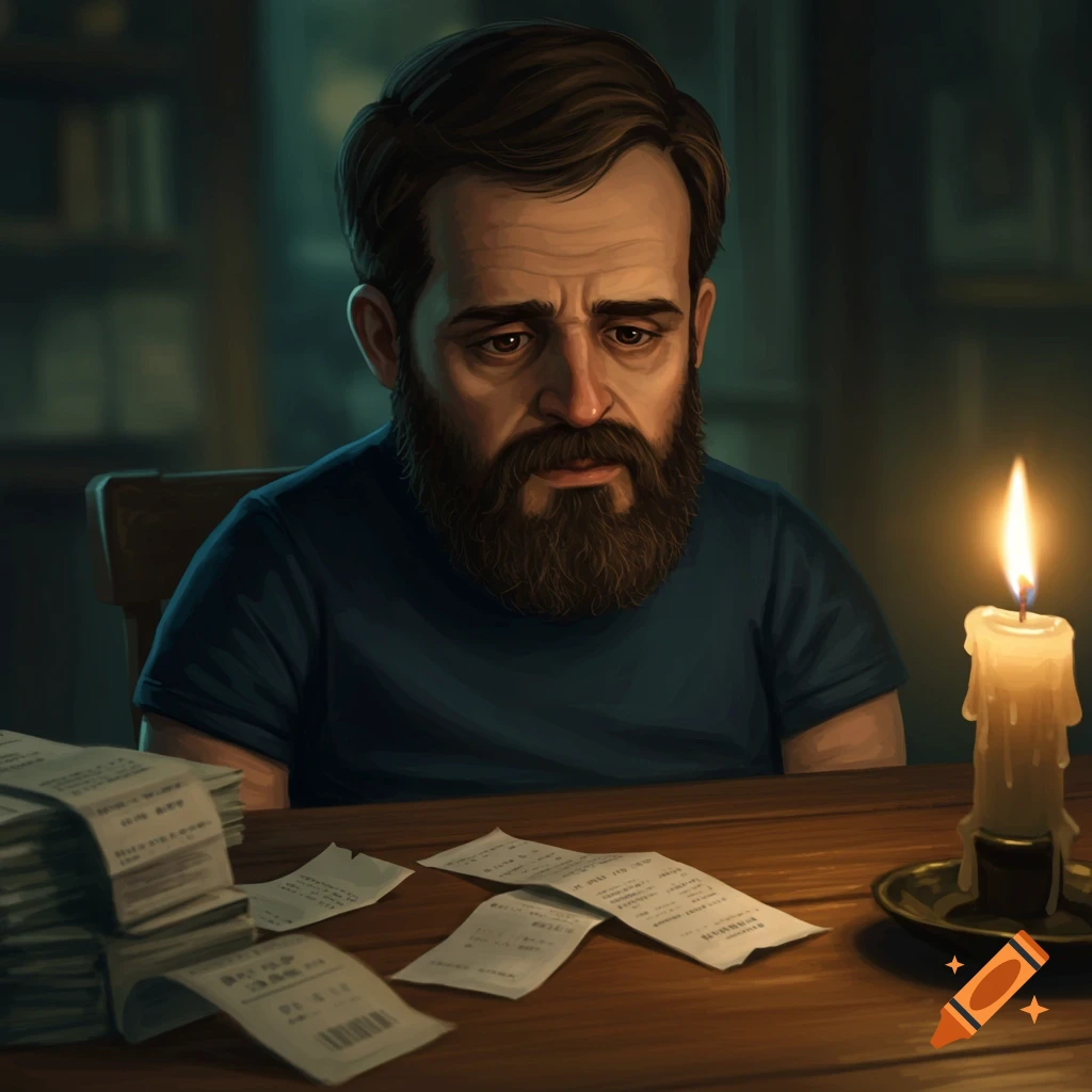 A sad man sits at a table, surrounded by receipts and illuminated by a candle.