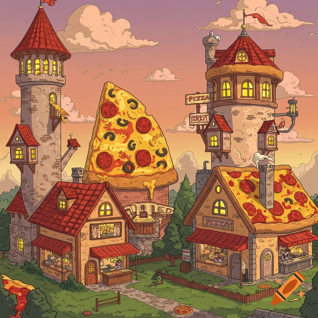 A cartoon illustration of a fantasy village where buildings are shaped like pizza slices and houses, set against a sunset sky.