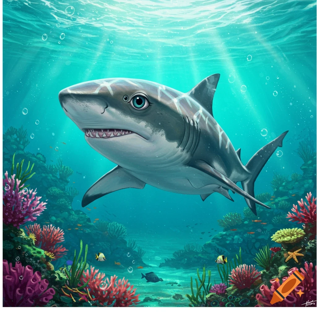 A stylized illustration of a shark swimming above a colorful coral reef.