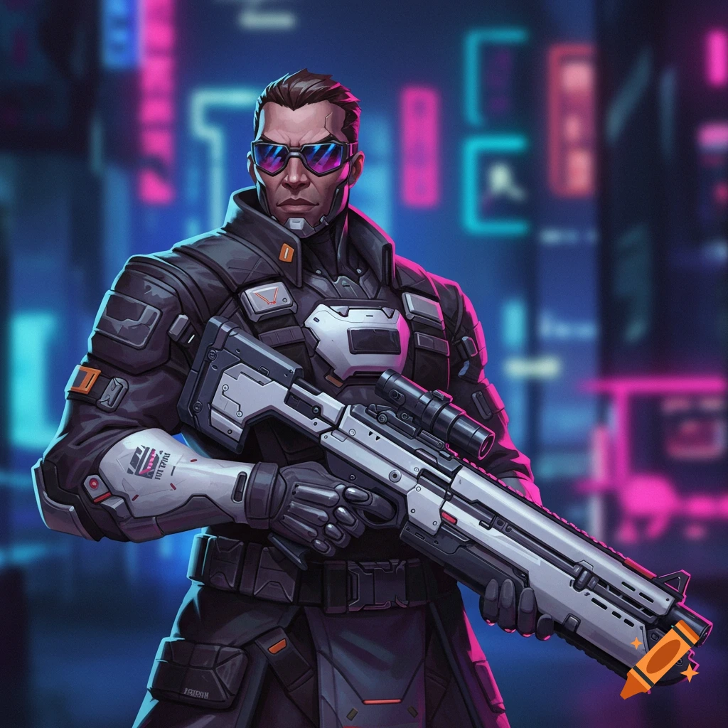 Man in cyberpunk gear holds a rifle in a neon-lit city scene.