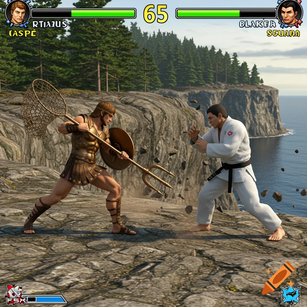 3D fighting game screenshot with PS2-style graphics showing a retiarius fighter battling a judo blackbelt on a cliff overlooking the sea.