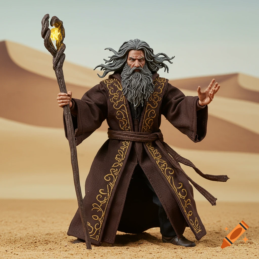 An action figure of a wizard in a brown robe stands in a desert holding a staff.