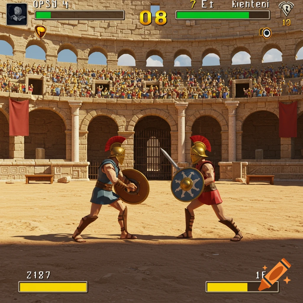 Two gladiators fighting in a Roman arena, styled like a PS1 fighting game.