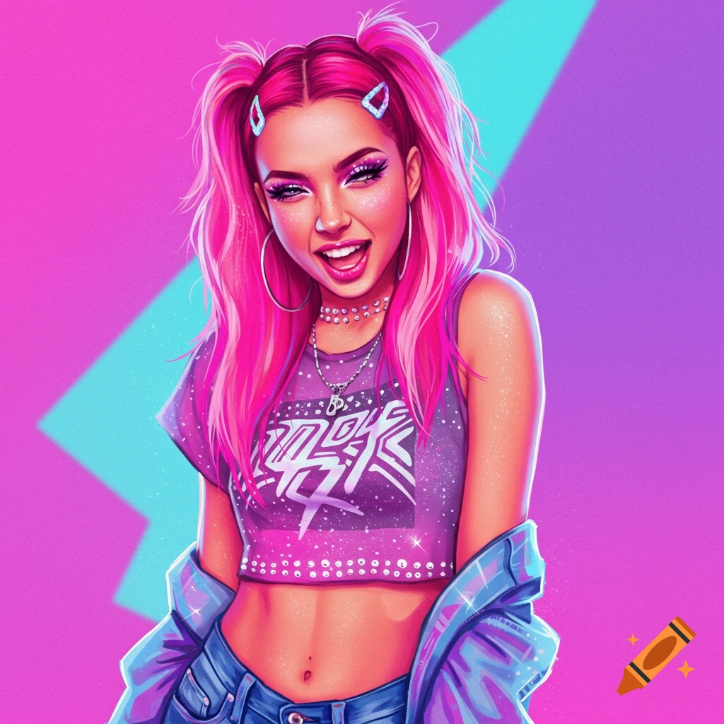 A Y2K pop star with pink pigtails is wearing a crop top and jacket.