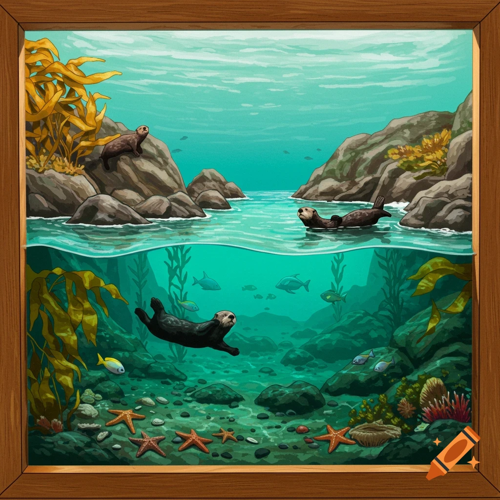 Diorama of sea otters and marine life above and below water, with kelp, fish, rocks, and starfish.