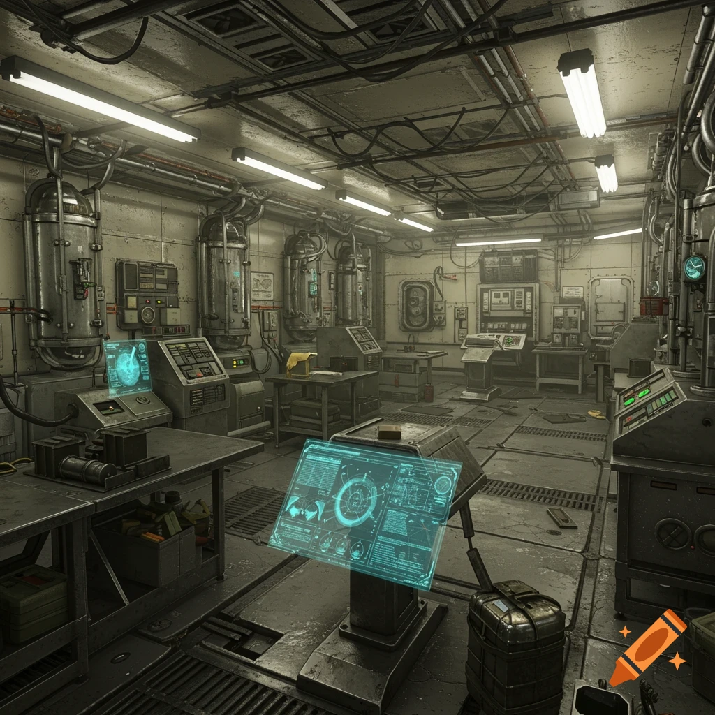 A detailed view of a retro-futuristic science laboratory interior.