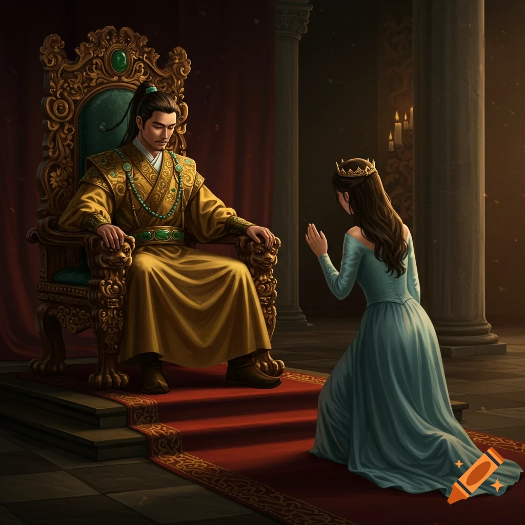 A king on a throne with a kneeling princess