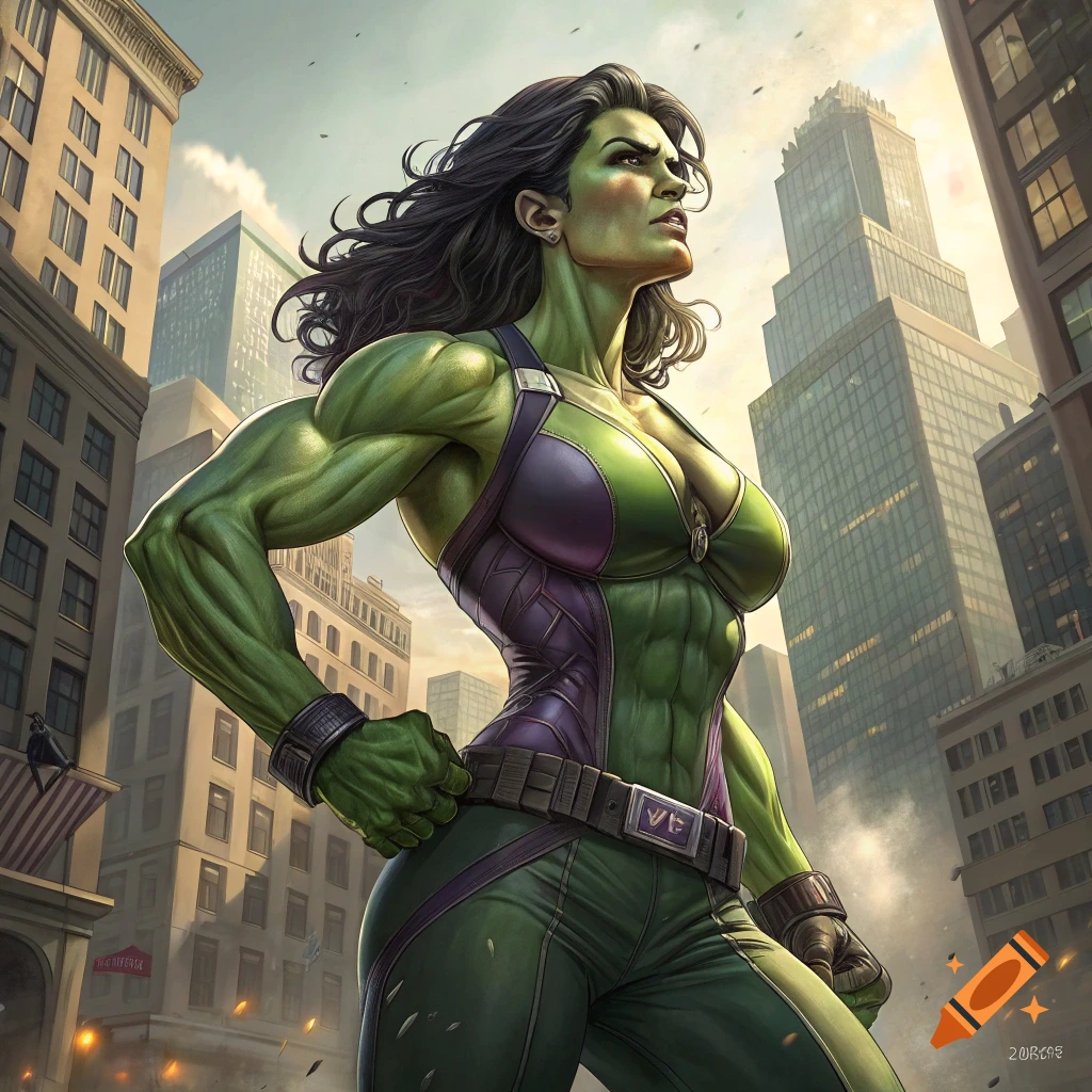 Muscular She-Hulk stands confidently in a city landscape.