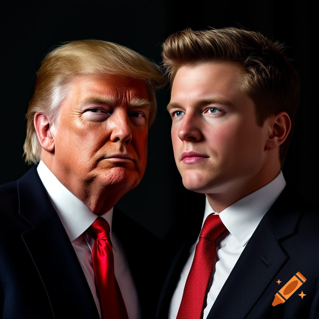 Two men in dark suits and red ties, one resembling Donald Trump, stand side by side against a dark background.