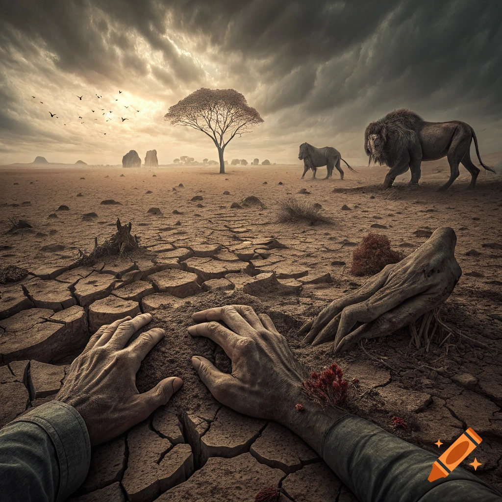 Human hands touch cracked dry earth with lions, a tree, and birds under a stormy sky in a barren landscape.