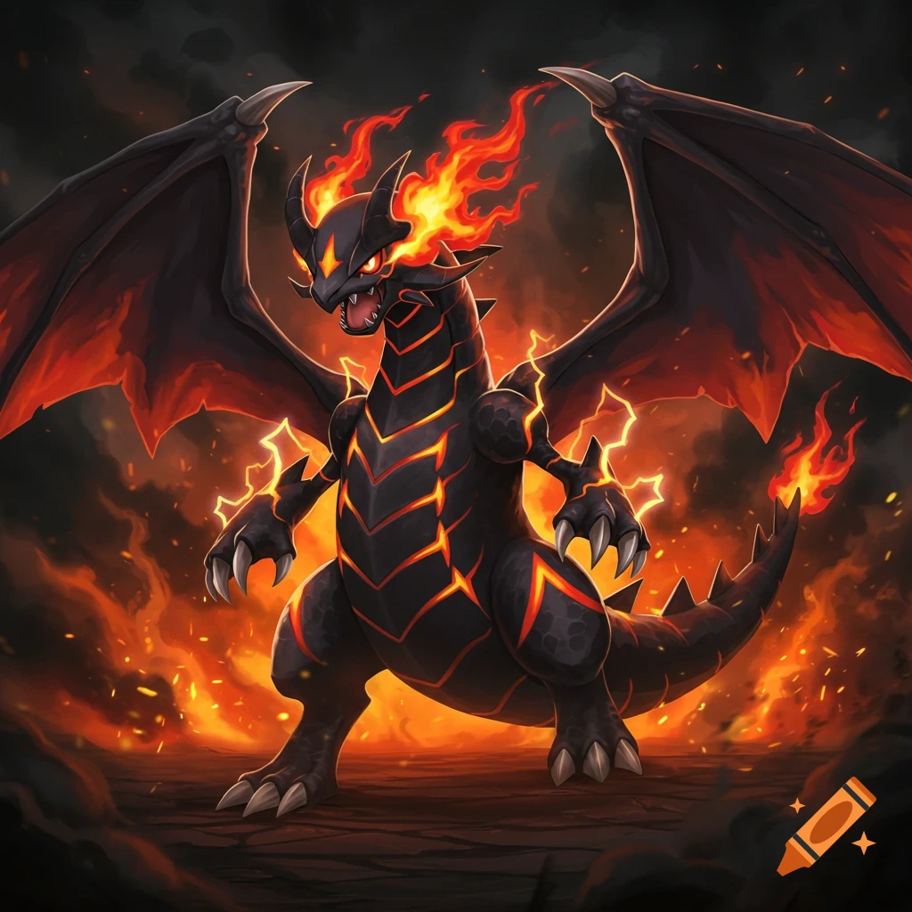 A dark dragon with fiery highlights, fire on its head and tail, and lightning around its body.