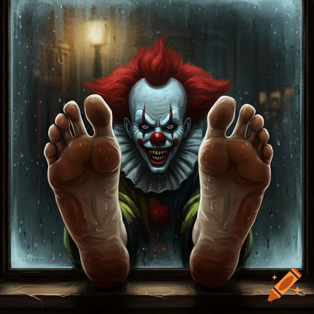 A scary clown and bare feet are pressed against a wet window.