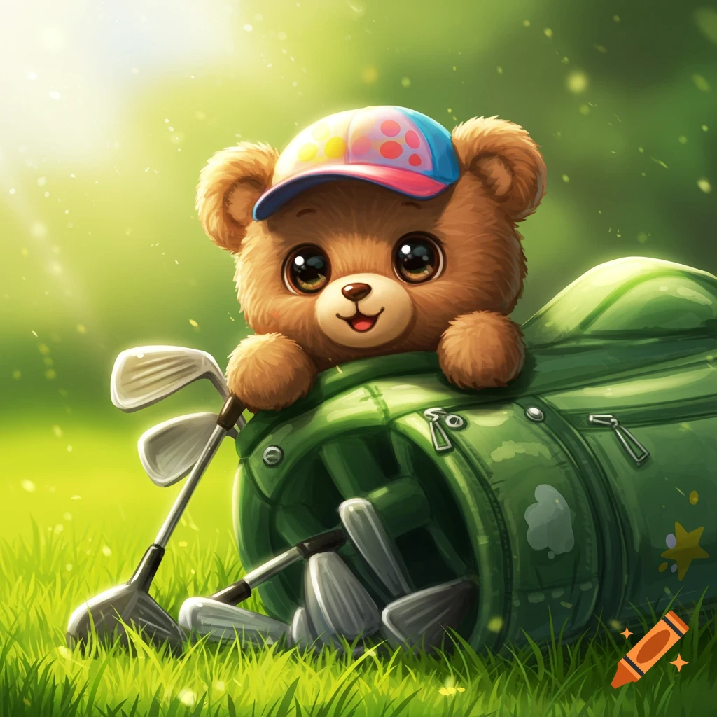 A cute teddy bear wearing a baseball cap peeking out of a green golf bag with golf clubs on a grassy golf course.