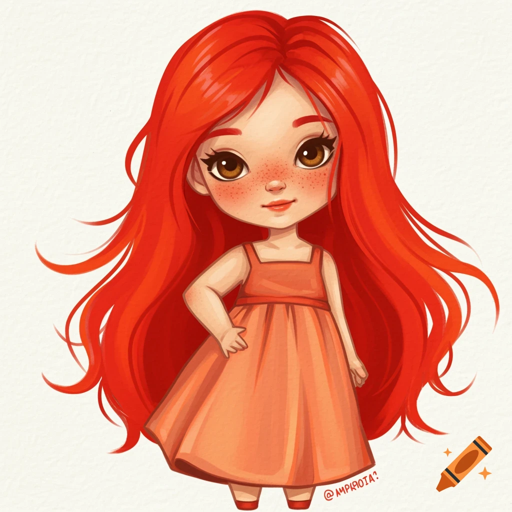Illustration of a cute girl with long red hair and an orange dress.