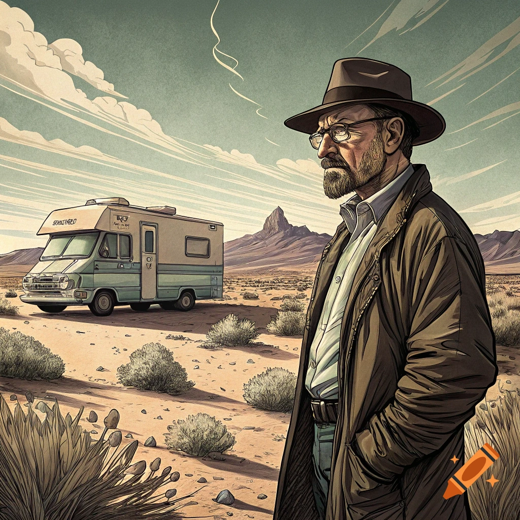 Man resembling Walter White in a hat and coat stands in a desert with an RV and mountain behind him, graphic novel style.