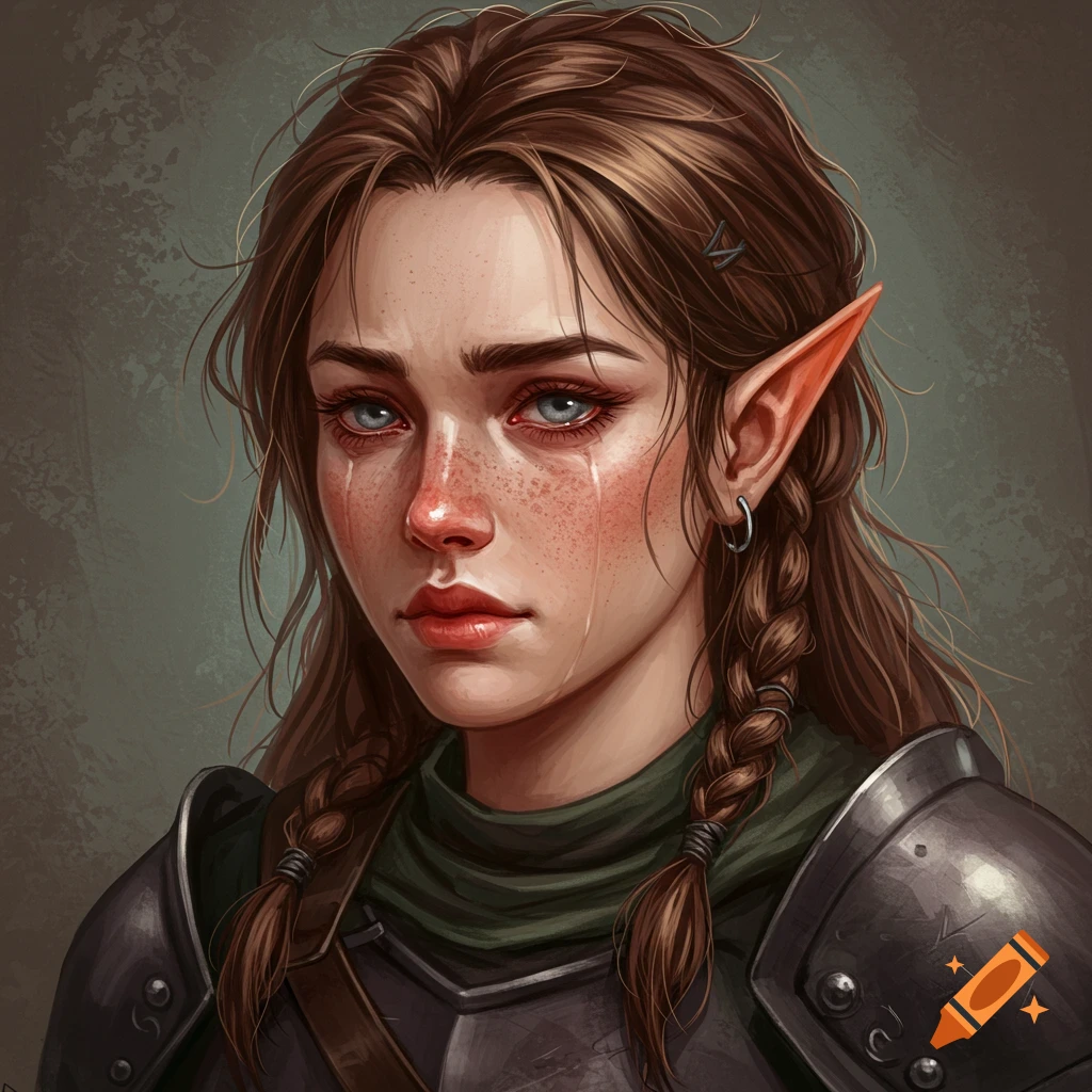 Painted portrait of a sad fantasy woman with pointed ears, freckles, and braided brown hair, crying while wearing armor.